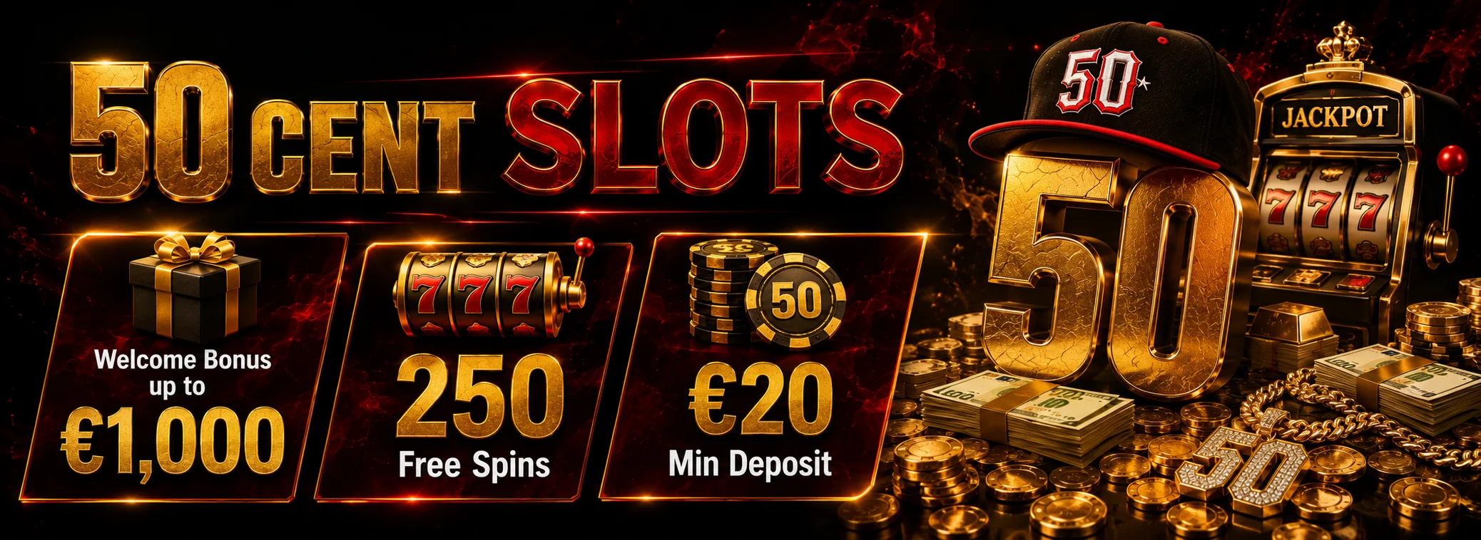50 Cent Slots welcome bonus banner, 100% up to 1,000 euro plus 250 free spins